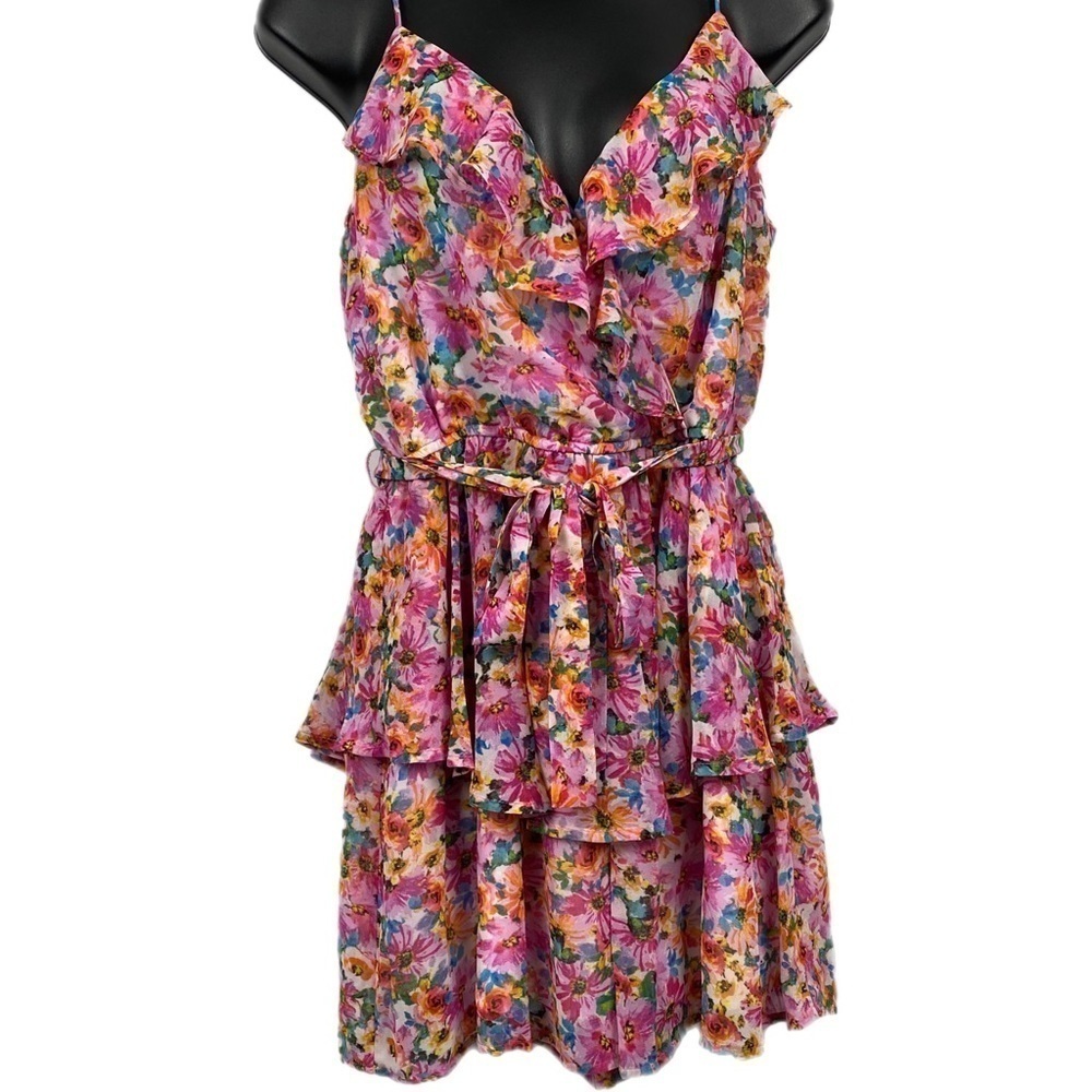 Row A Womens Floral Print Ruffle‎ Romper Pink Multi Size L